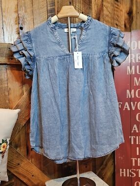 356 Sewn + Seen Blue Washed Chambray Ruffle Sleeve Blouse